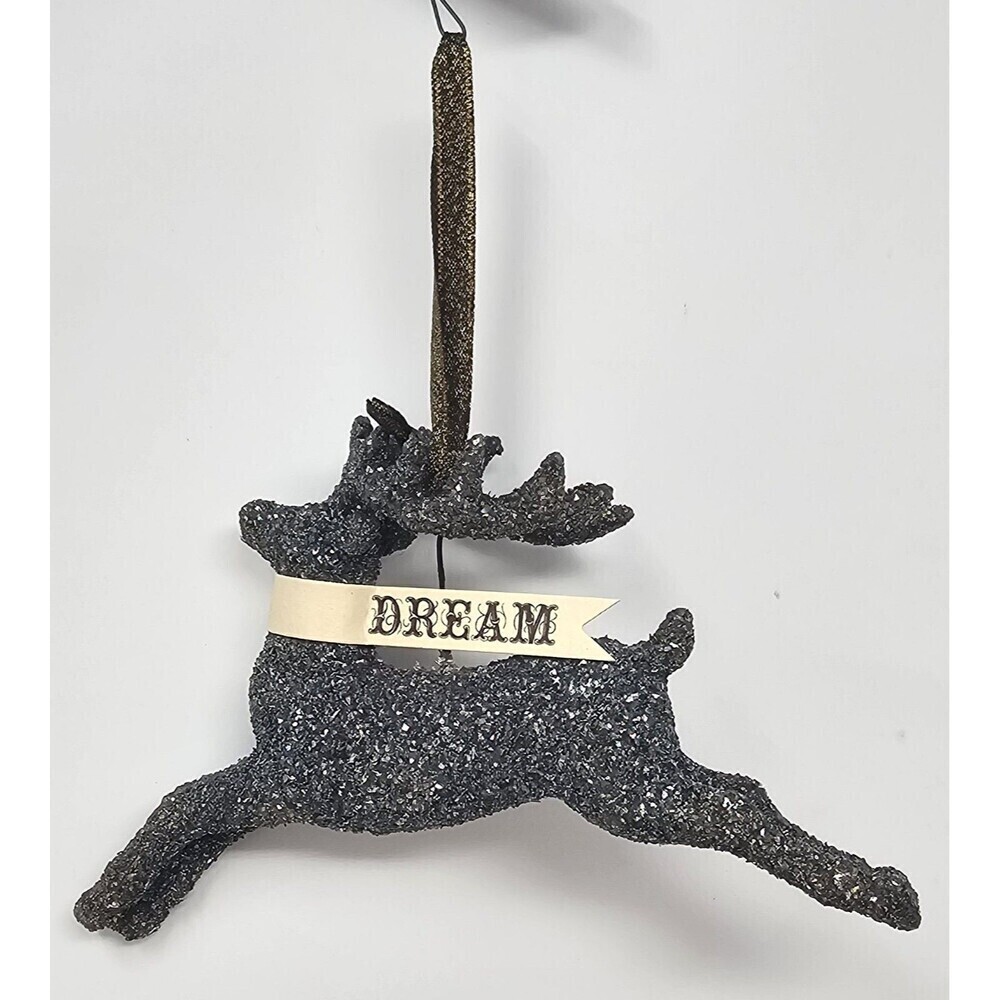 Vtg Glitter Resin Reindeer Christmas Tree Ornament Decoration Dream Banner 5.75"